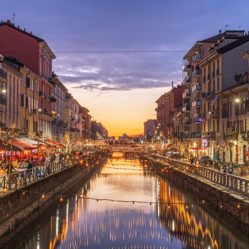 Naviglio Canal, Milan, Lombardy, Italy at twilight.